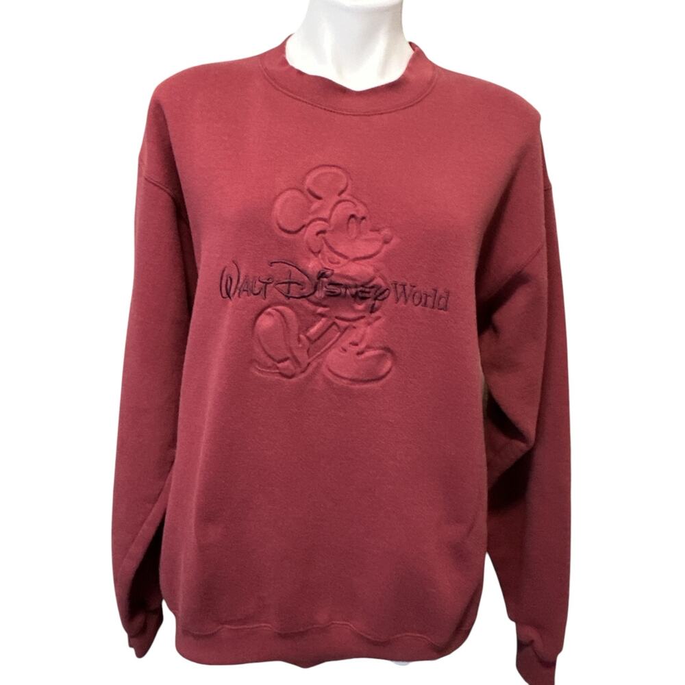 Walt Disney World Mickey Mouse Embossed Sweatshirt Red Vintage USA Women Medium